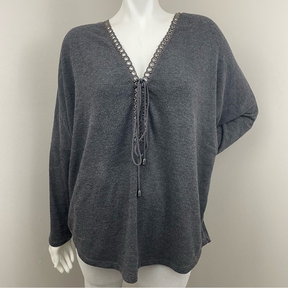 ARIELLA Gray Oversized V-Neck Lace Up Sweater - Picture 1 of 10